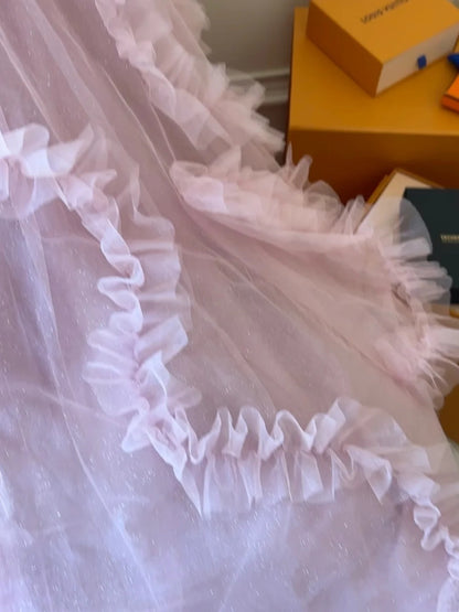 Enchanting Spaghetti Straps Pink Prom Dress Sequins Ruffles Tulle A-Line Evening Dress GG6129