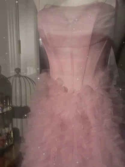 Enchanting Spaghetti Straps Pink Prom Dress Sequins Ruffles Tulle A-Line Evening Dress GG6129