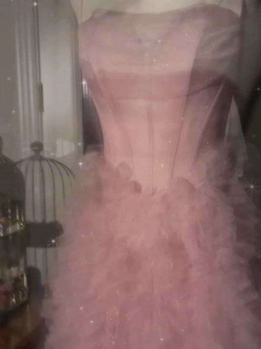 Enchanting Spaghetti Straps Pink Prom Dress Sequins Ruffles Tulle A-Line Evening Dress GG6129