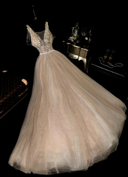 Glam V Neck Beading Beige Prom Dress Sequins Tulle A-Line Evening Dress GG6132