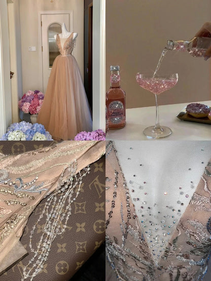 Glam V Neck Beading Beige Prom Dress Sequins Tulle A-Line Evening Dress GG6132