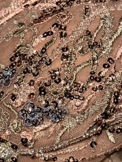 Glam V Neck Beading Beige Prom Dress Sequins Tulle A-Line Evening Dress GG6132