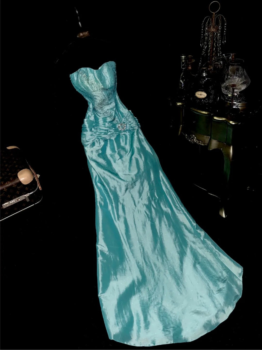 Enchanting Strapless Blue Prom Dress Beads Mermaid Evening Dress GG6134