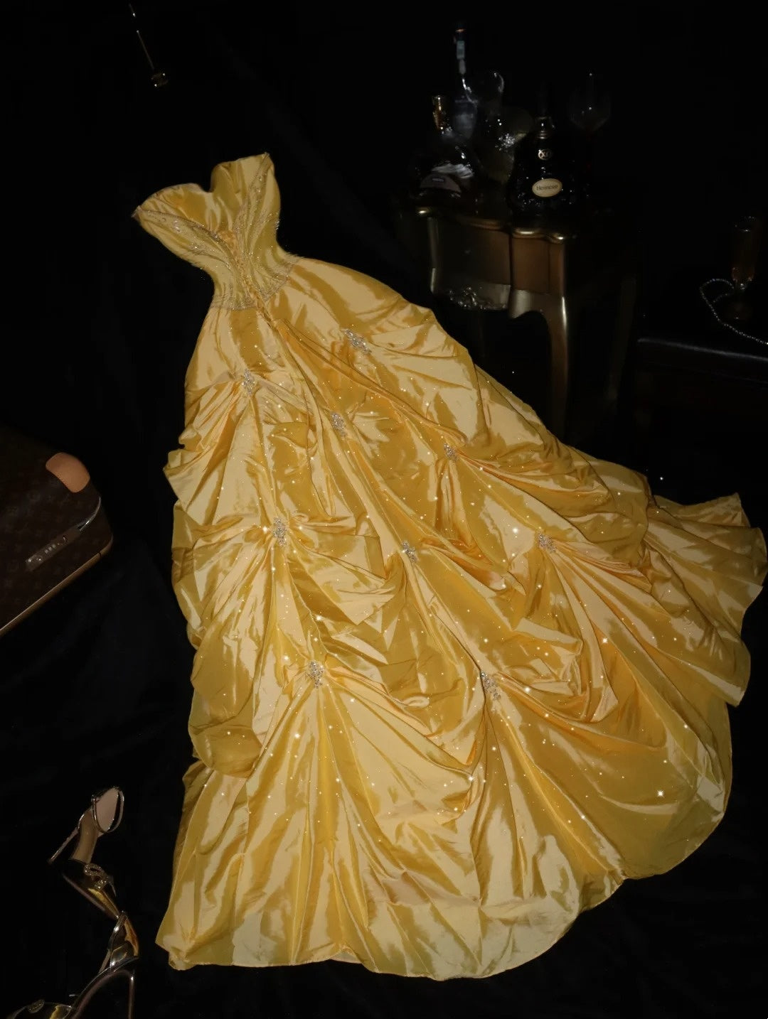 Unique Strapless Yellow Prom Dress Inspo Sequins A-Line Evening Dress GG6137