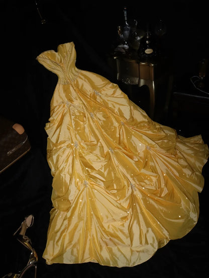 Unique Strapless Yellow Prom Dress Inspo Sequins A-Line Evening Dress GG6137