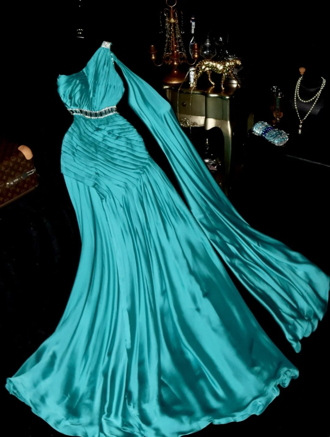 Chic One Shoulder Teal Prom Dress Pleated Beaded Mermaid Evening Dress GG6139