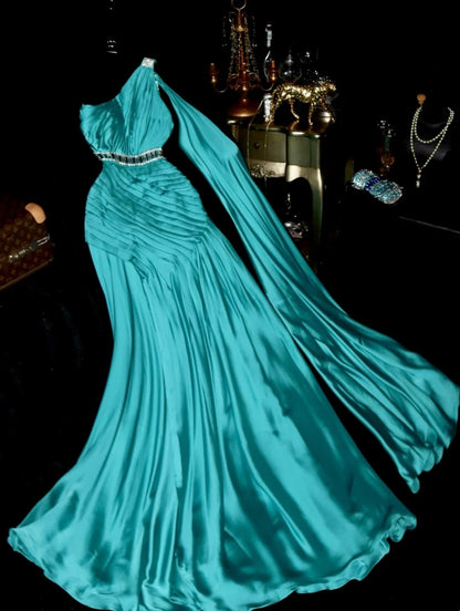 Chic One Shoulder Teal Prom Dress Pleated Beaded Mermaid Evening Dress GG6139