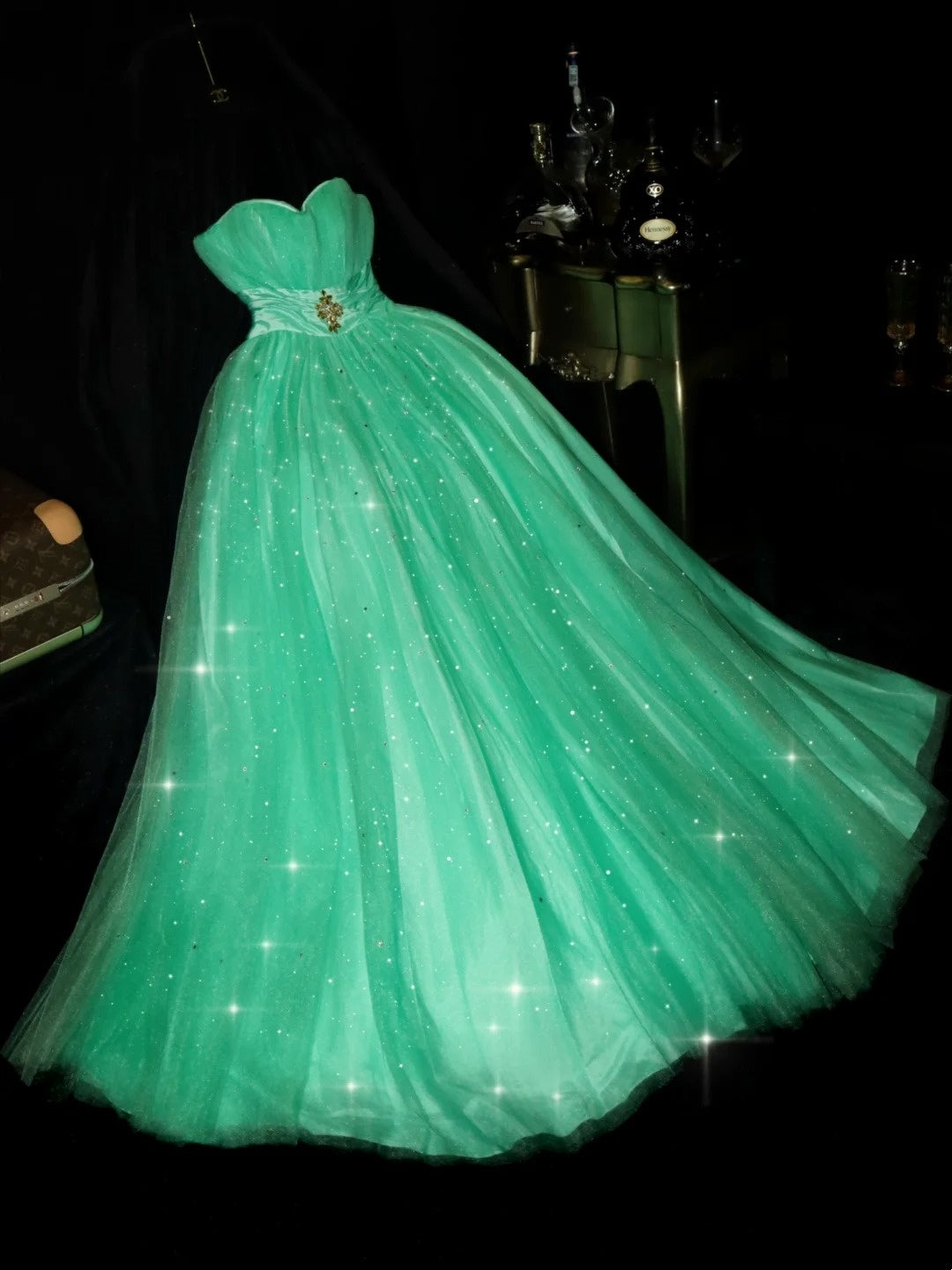 Unique Strapless Green Long Prom Dress Sequins Tulle A-Line Evening Dress GG6141