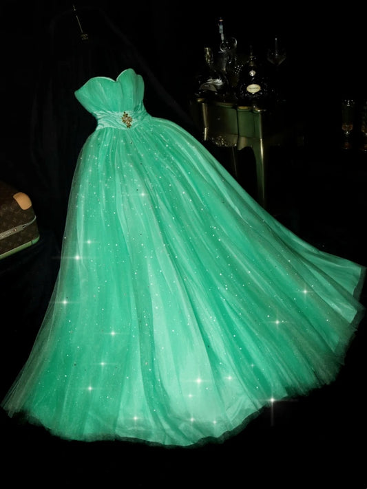 Unique Strapless Green Long Prom Dress Sequins Tulle A-Line Evening Dress GG6141