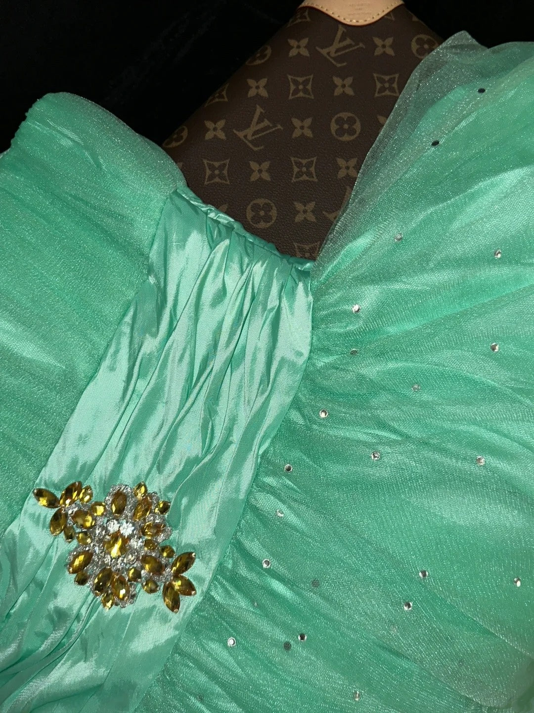Unique Strapless Green Long Prom Dress Sequins Tulle A-Line Evening Dress GG6141