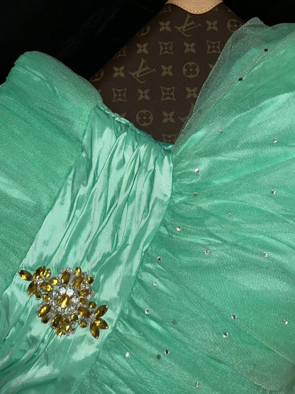 Unique Strapless Green Long Prom Dress Sequins Tulle A-Line Evening Dress GG6141
