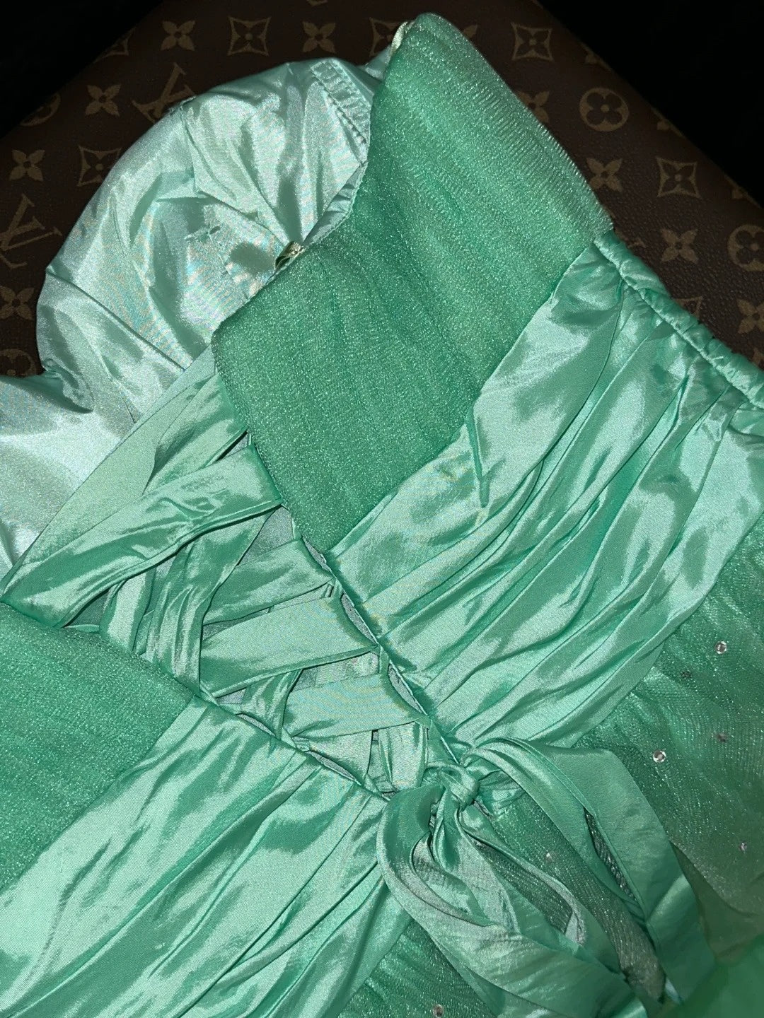 Unique Strapless Green Long Prom Dress Sequins Tulle A-Line Evening Dress GG6141