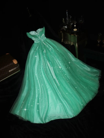 Unique Strapless Green Long Prom Dress Sequins Tulle A-Line Evening Dress GG6141