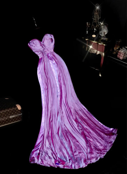 Fascinating Purple Long Prom Dress Satin Pleated A-Line Evening Dress GG6142