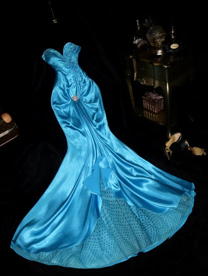Vintage Strapless Blue Prom Dress Satin Sequins Mermaid Evening Dress GG6144