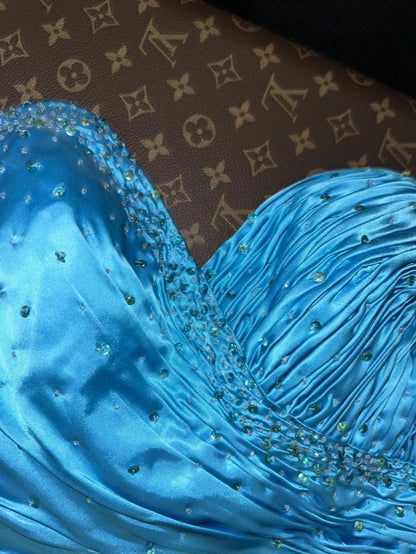 Vintage Strapless Blue Prom Dress Satin Sequins Mermaid Evening Dress GG6144