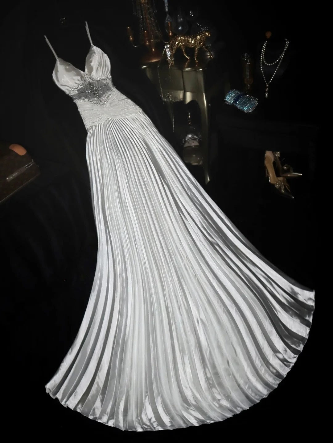 Elegant Spaghetti Straps Silver Prom Dress Beading A-Line Evening Dress GG6146
