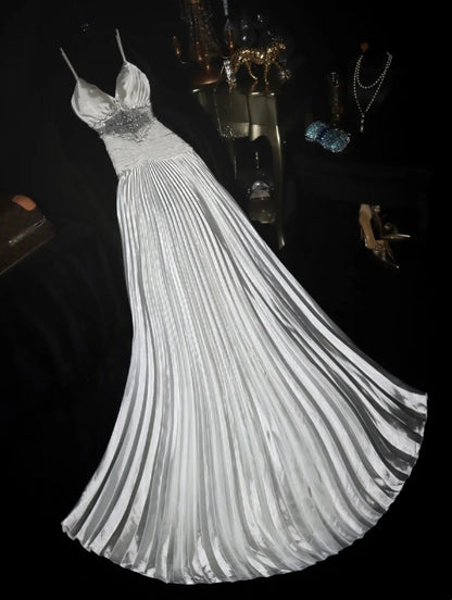 Elegant Spaghetti Straps Silver Prom Dress Beading A-Line Evening Dress GG6146