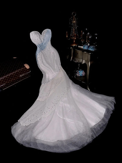 Playful Strapless White Prom Dress Plaid Sequins Mermaid Evening Dress GG6147