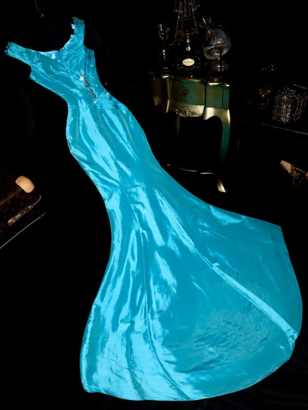 Retro V Neck Blue Prom Dress Beading Mermaid Evening Dress GG6149