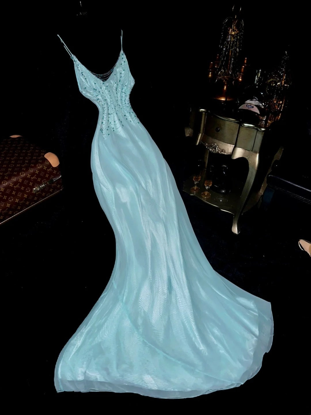 Glam V Neck Blue Prom Dress Beading Mermaid Evening Dress GG6154