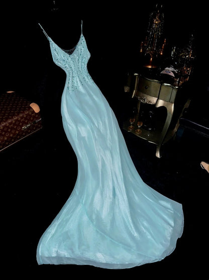 Glam V Neck Blue Prom Dress Beading Mermaid Evening Dress GG6154