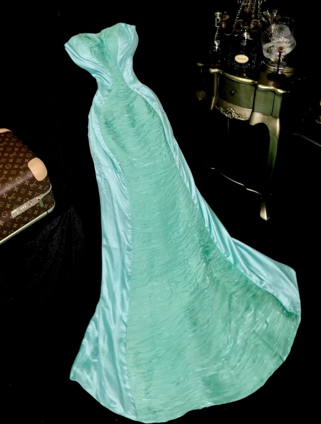 Trendy Strapless Green Prom Dress Satin Pleated Mermaid Evening Dress GG6155
