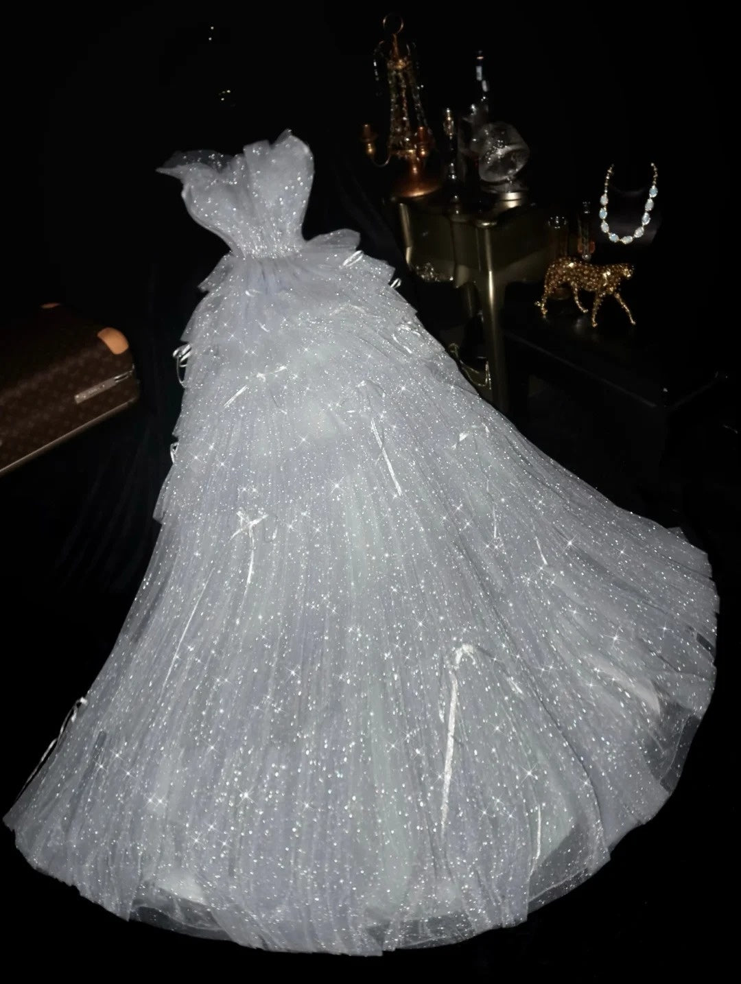Romantic Strapless White Prom Dress Sequins Bows Tiered A-Line Evening Dress GG6158