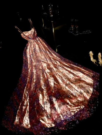 Vintage Strapless Gold Prom Dress  Sequins Floral Tulle A-Line Evening Dress GG6160