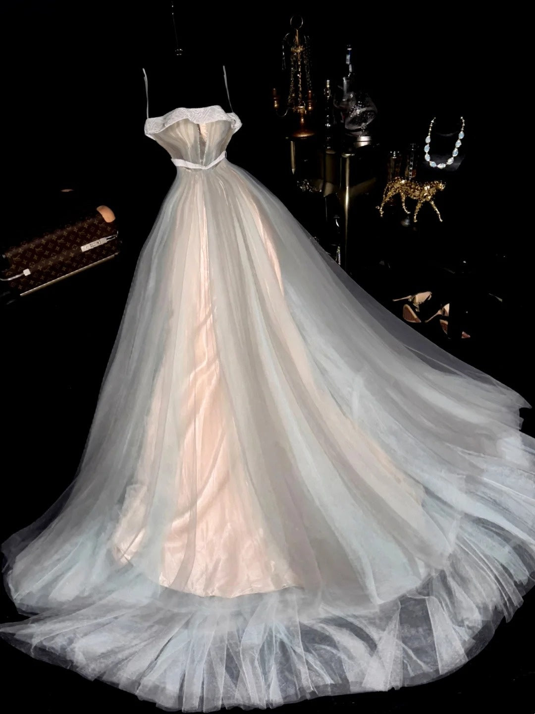 Glam Beaded Grey Tulle Prom Dress Beige Lining A-Line Evening Dress GG6161