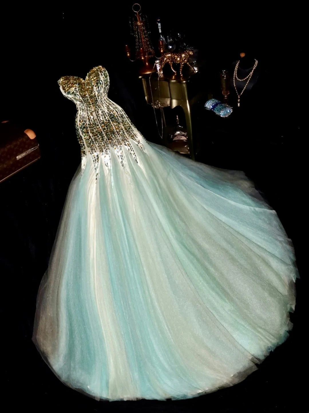 Fascinating Strapless Prom Dress Green Tulle Sequins Mermaid Evening Dress GG6162
