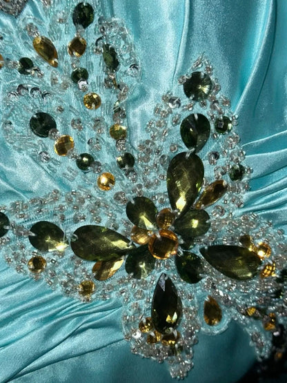 Elegant Halter Neck Blue Prom Dress High Slit Beading A-Line Evening Dress GG6163