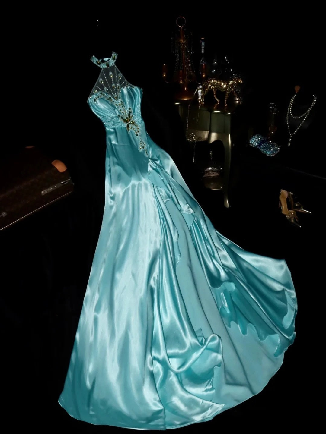 Elegant Halter Neck Blue Prom Dress High Slit Beading A-Line Evening Dress GG6163