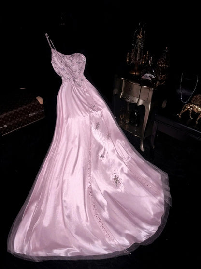 Lovely One Shoulder Pink Prom Dress Satin Sequins Tulle A-Line Evening Dress GG6166