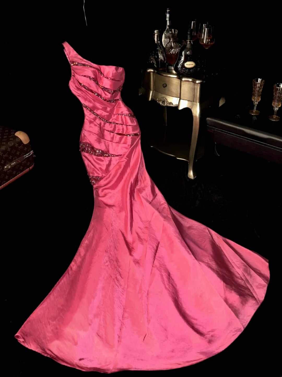 Sleek One Shoulder Pink Prom Dress Satin Sequins Mermaid Evening Dress GG6169
