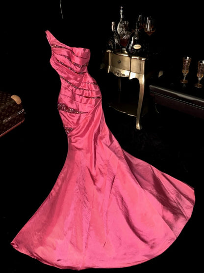Sleek One Shoulder Pink Prom Dress Satin Sequins Mermaid Evening Dress GG6169
