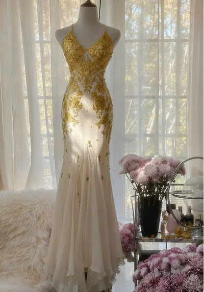 Gorgeous Mermaid Spaghetti Straps Chiffon Lace Long Prom Dress,Evening Dress GG5170