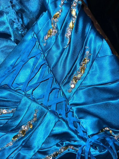 Vintage Strapless Blue Prom Dress Satin Beading Mermaid Evening Dress GG6173