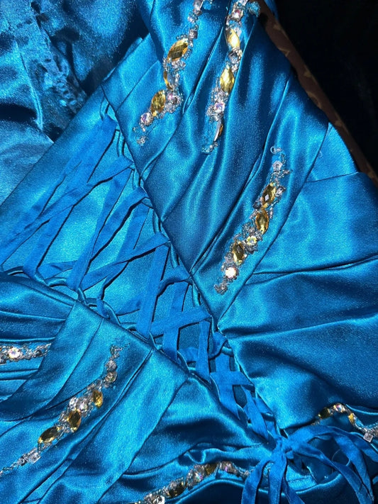 Vintage Strapless Blue Prom Dress Satin Beading Mermaid Evening Dress GG6173