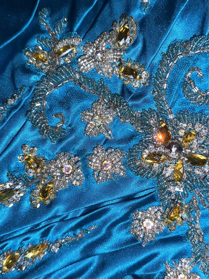 Vintage Strapless Blue Prom Dress Satin Beading Mermaid Evening Dress GG6173