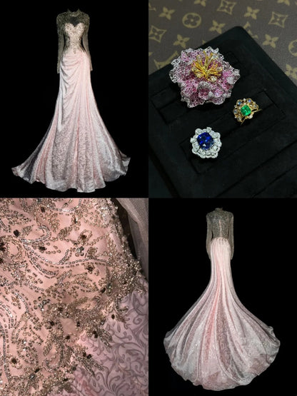 Luxury Beading Pink Prom Dress Long Sleeve A-Line Evening Dress GG6175