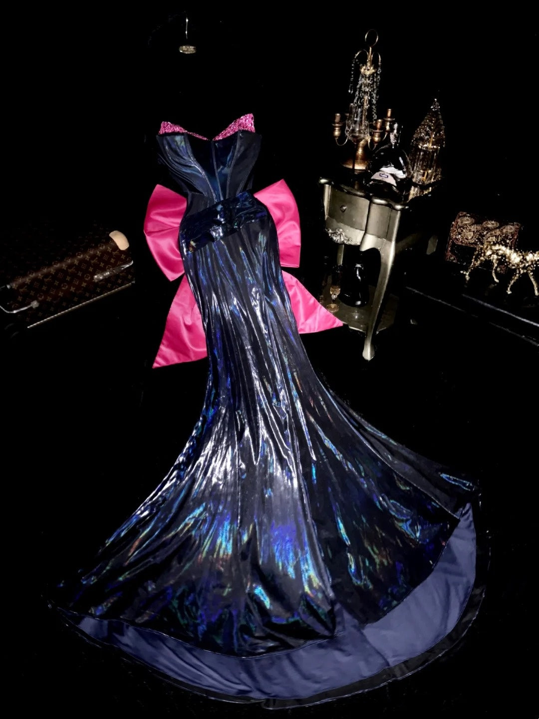 Lustrous Strapless Dark Blue Prom Dress Sequins Bow Mermaid Evening Dress GG6181