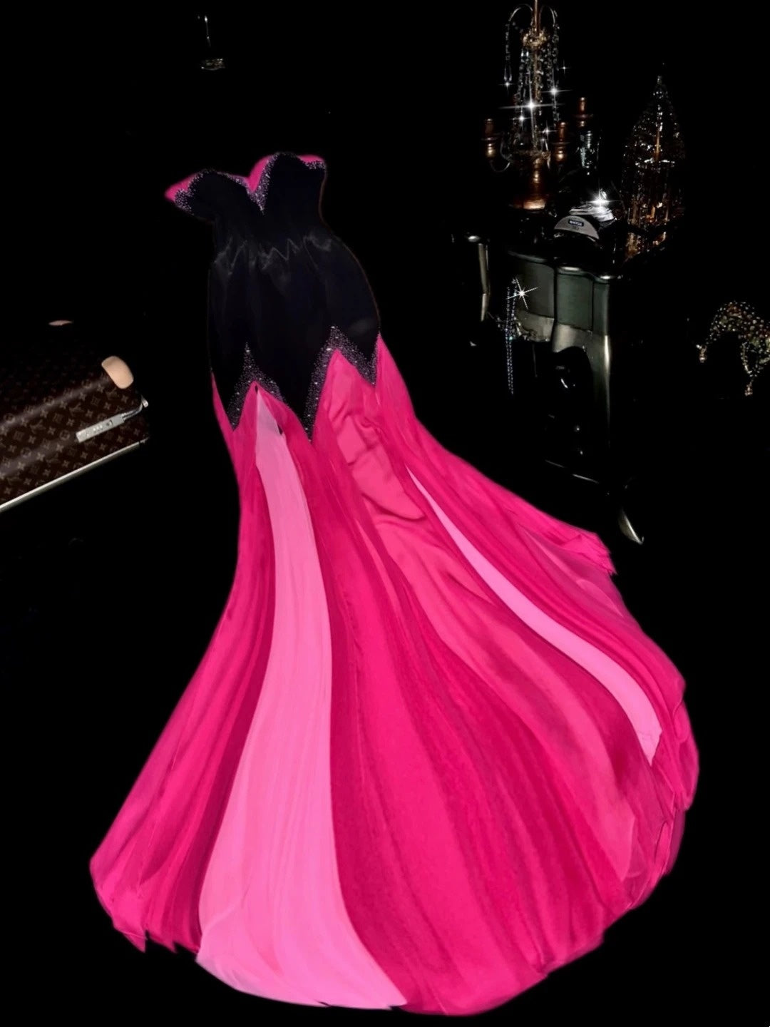 Classical Sequins Black Prom Dress Hot Pink Tulle A-Line Evening Dress GG6182