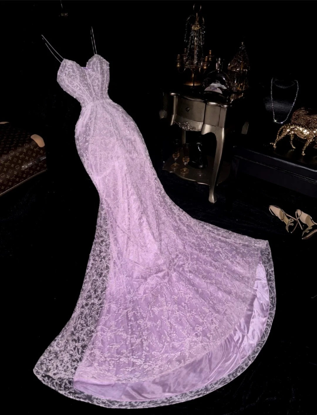 Dreamy Strapless Purple Prom Dress Sequins Lace Mermaid Evening Dress GG6183