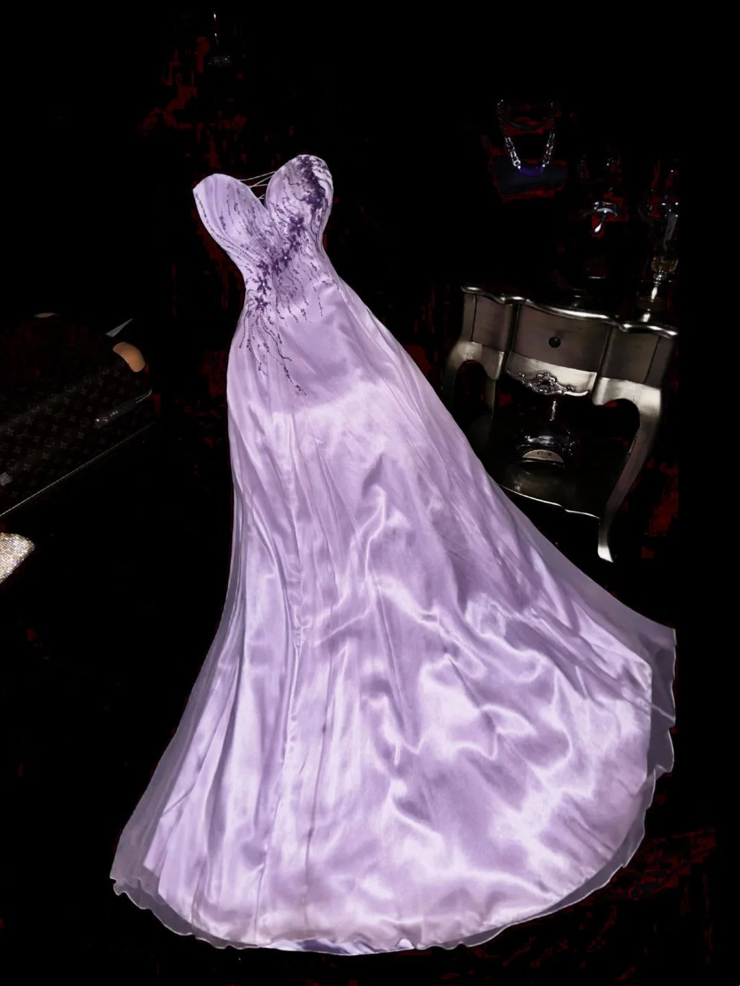 Fashion Strapless Purple Prom Dress Satin Sequins A-Line Evening Dress GG6184