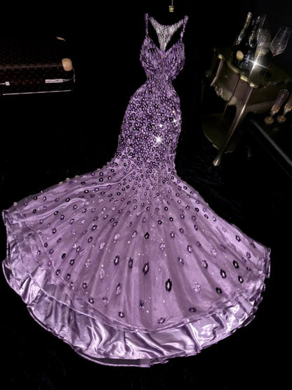 Glamorous Spaghetti Straps Purple Prom Dress Appliques Rhinestones Mermaid Evening Dress GG6185