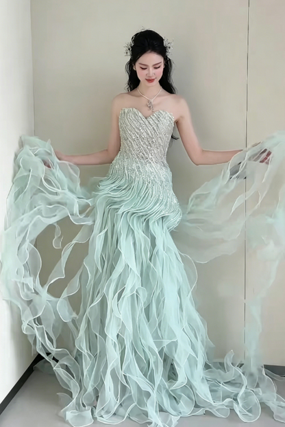Ethereal Strapless Green Prom Dress Beading Ruffles Sheath Evening Dress GG6190