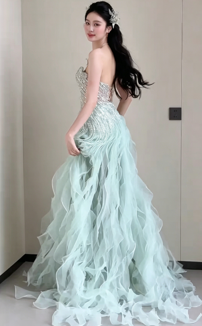 Ethereal Strapless Green Prom Dress Beading Ruffles Sheath Evening Dress GG6190