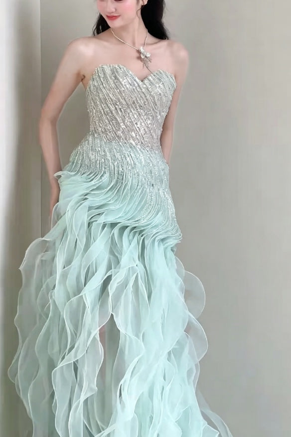 Ethereal Strapless Green Prom Dress Beading Ruffles Sheath Evening Dress GG6190