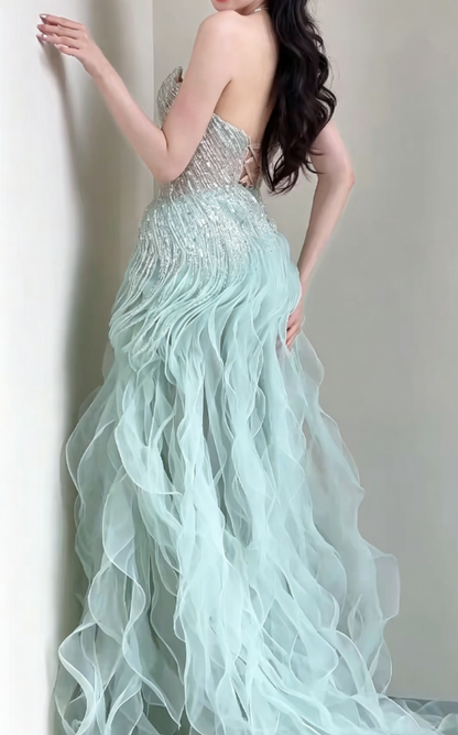Ethereal Strapless Green Prom Dress Beading Ruffles Sheath Evening Dress GG6190